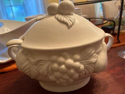 White Ceramic Tureen with Ladle With Grapevine Relief