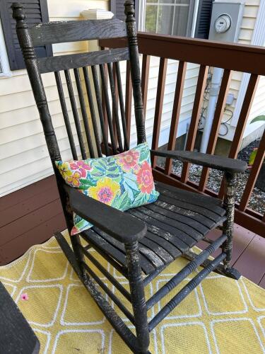 Black Painted Wooden Rocking Chair With Spindle Back, Distressed Finish #1 of 2