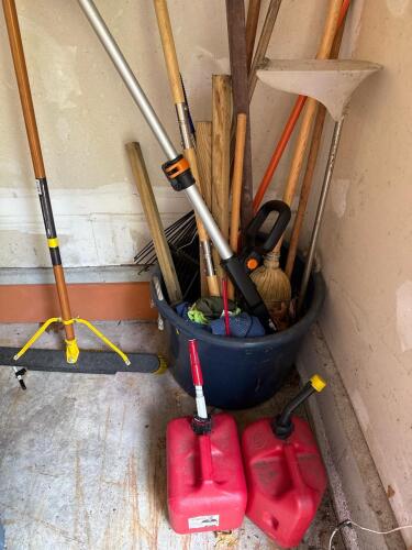 Assorted Yard Tools and Gas Cans