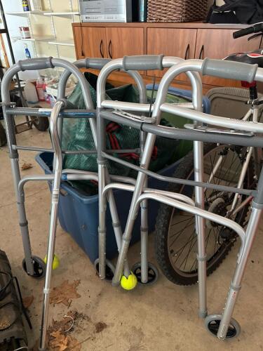 Pair of Folding Walkers with Wheels and Cane