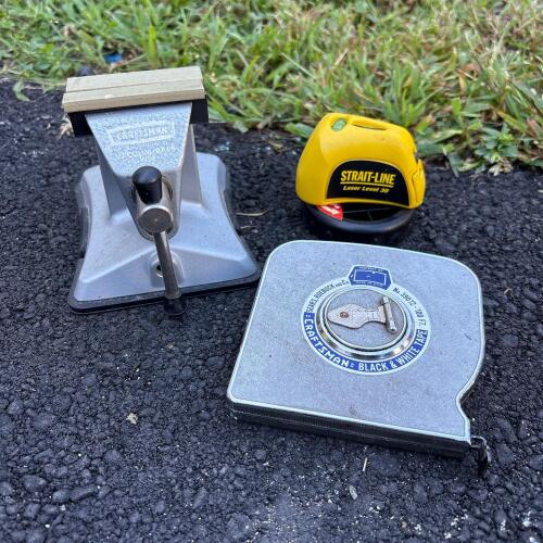 Craftsman Vacuum Base Vise, Measuring Tape and Laser Level Lot