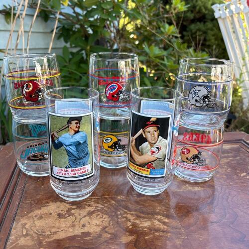 Six NFL Team Old Fashioned Glasses and Two Topps Greatest Player Tumblers