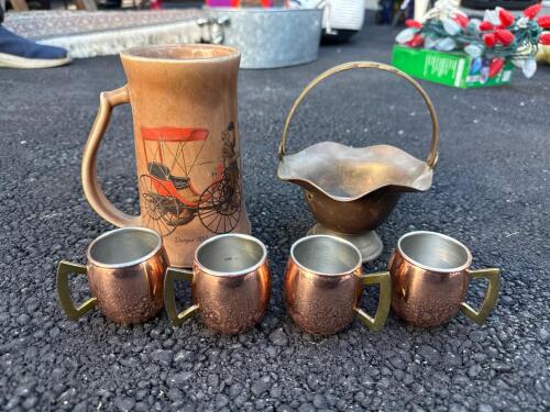 Vintage Ceramic Stein, Brass Basket, Copper Mugs