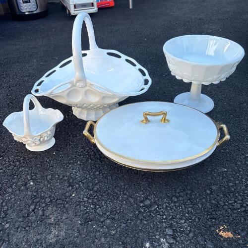 Ceramic Serving Dish, Compote, and Milk Glass Baskets