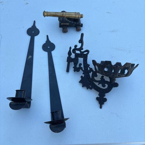 Cast Iron Wall Sconce, Wrought Iron Candle Holders, & Miniature Cannon