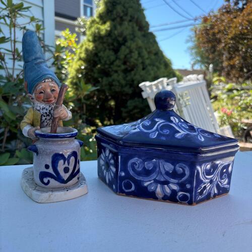 Ceramic Goebel Gnome Figurine & Blue Glazed Lidded Box