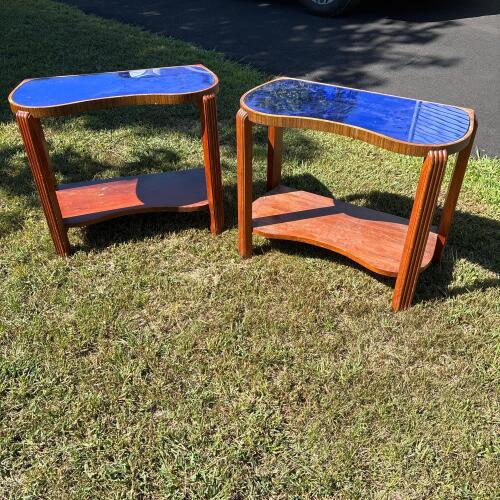 Pair of Art Deco Wood Console Tables With Blue Glass Tops