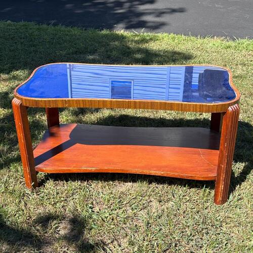 Art Deco Wooden Coffee Table With Blue Glass Top