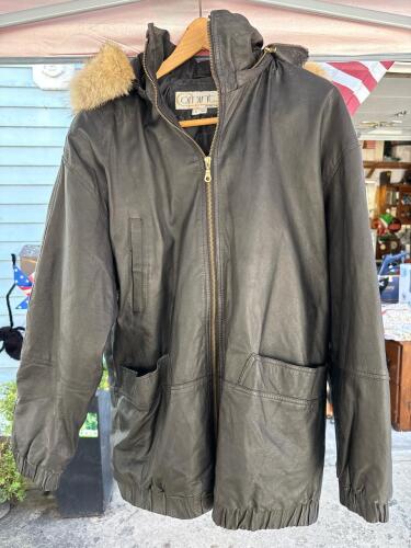 Comint Black Leather Parka with Fur Trim Hood