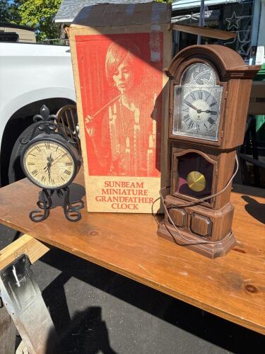 Miniature Grandfather Clock and Black Metal Mantel Clock