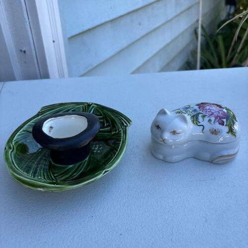 Chelsea Gardens Cat Trinket Box & Green Leaf Pottery Ashtray