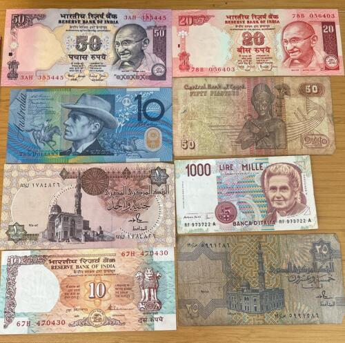 Assorted Foreign Banknotes: India, Egypt, Australia, Italy