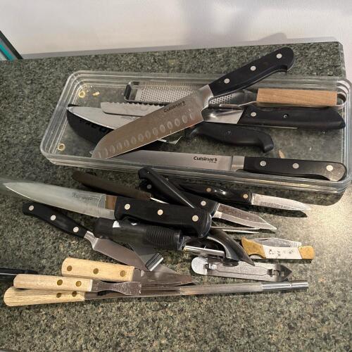 Assorted Kitchen Knives, Utensils, and Microplane Zester