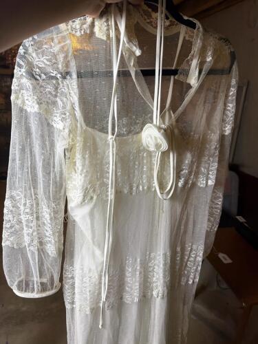 Vintage Lace Overlay Sheer White Dress, XS