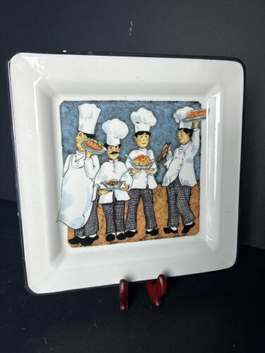 Square Italian Ceramic Plate With Chef Illustration