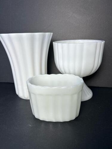 White Milk Glass Vase, Small Planter & Compote