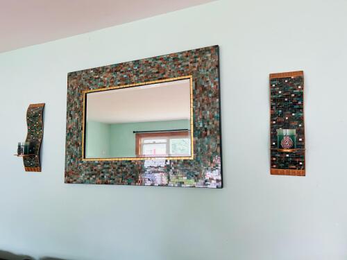 Large Mosaic Glass Mirror & Sconce Candle Holders Set
