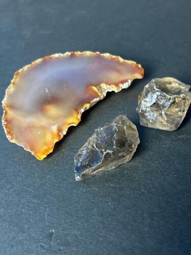 Rough Smoky Quartz Crystals and Polished Agate Slice