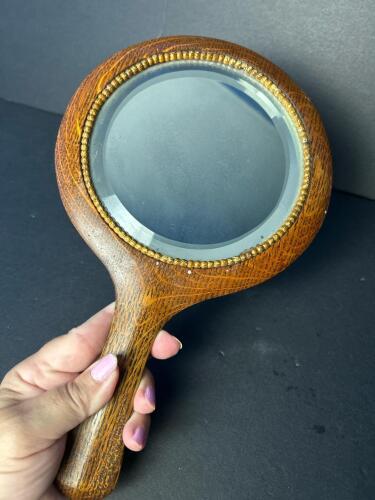 Vintage-Style Wooden Hand Mirror with Beaded Trim