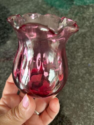 Snall Cranberry Glass Vase With Ruffled Rim