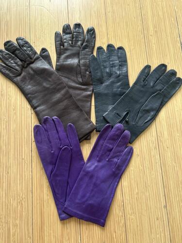 Trio of Leather Gloves in Black, Brown, and Purple