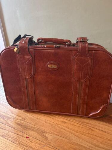 Saloy Brown Faux Leather Suitcase with Buckle Straps