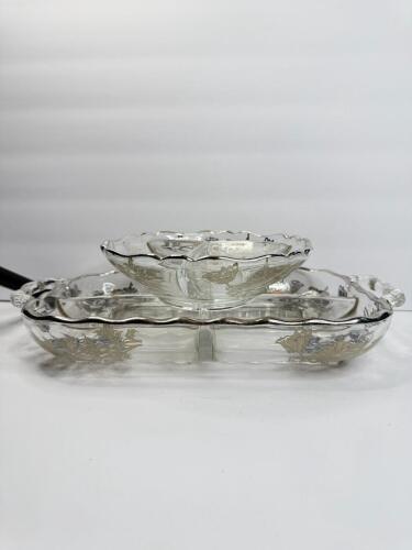 Clear Glass Divided Serving Dishes with Silver Floral Overlay