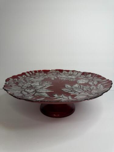 Red Glass Pedestal Cake Plate with Silver Floral Embossed Design