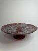 Red Glass Pedestal Cake Plate with Silver Floral Embossed Design