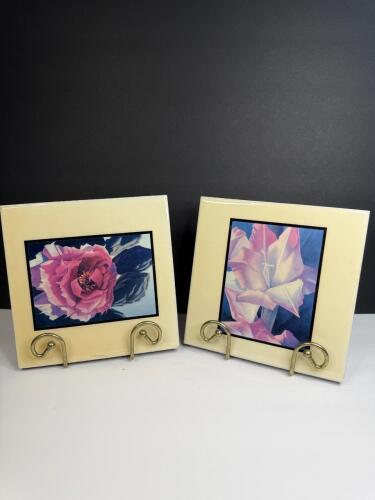 Pair of Floral Tile Plaques in Display Stands
