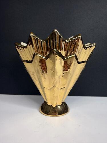 Gold Tone Ceramic Fan Vase in Mid-Century Modern Style