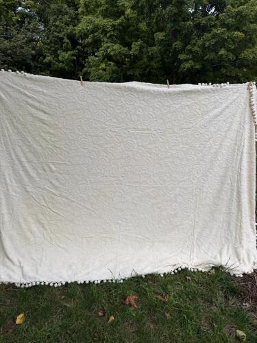 Vintage Chenille Floral Bedspread With Pom Pom Fringe