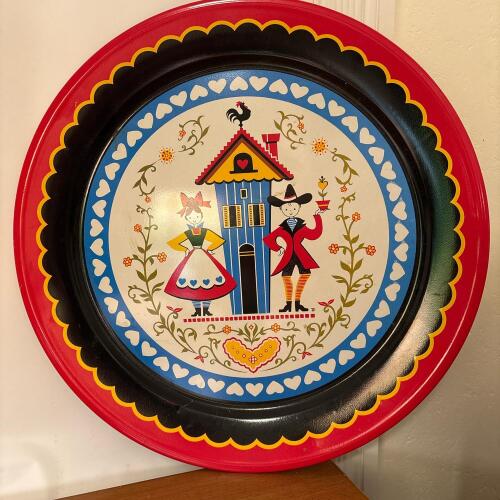 Large 19" Round Folk Art-Style Decorative Tin Tray