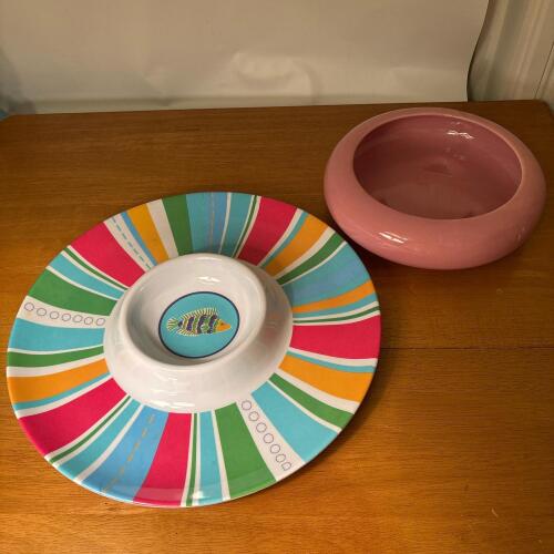 Melamine Ware Chip and Dip Platter and Pink Ceramic Bowl