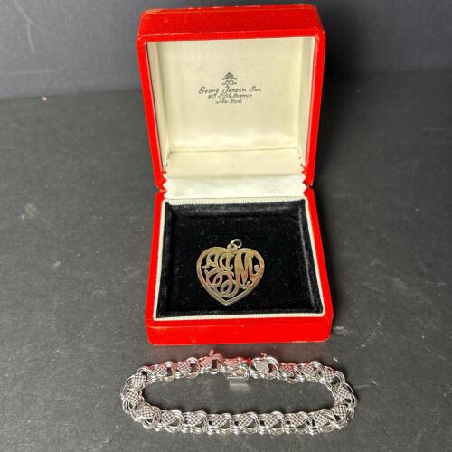 Sterling Silver Monogram Heart Pendant and Bracelet