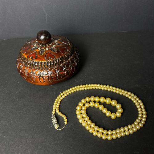 Carved Wood Trinket Box with Faux Pearl Necklace