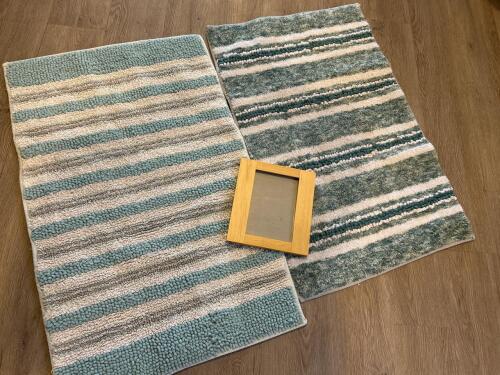 Striped Bath Rugs and Simple Wood Picture Frame