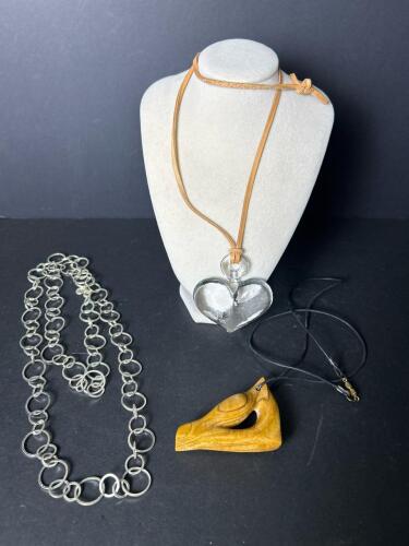 Alfani Silver Tone Chain Necklace, Large Heart Pendant & Wood Pendant Necklace