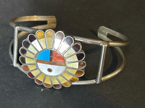 Zuni Inlay Sunface Cuff Bracelet, Signed Joe Cornelius