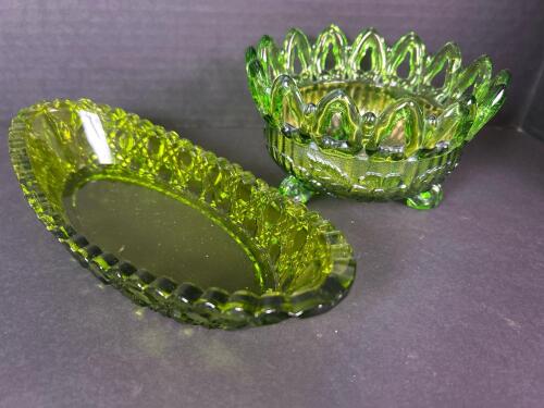 Small Green Pressed Glass Bowl and Dish