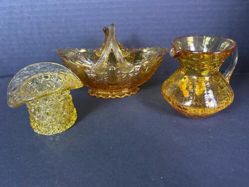 Amber Pressed Glass Basket, Pitcher, and Top Hat Bowl