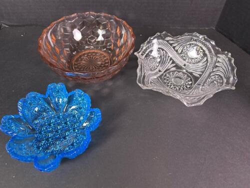 Three Small Pressed Glass Bowls in Depression Era Styles