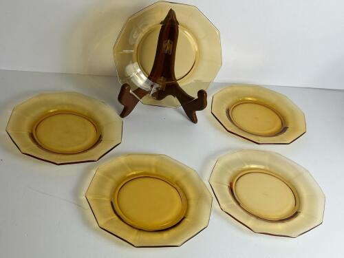 Five Amber Glass Plates With Art Deco-Style Octagonal Design