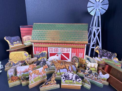 Vintage Wooden Barn Toy with Animal and Farm Figure Set
