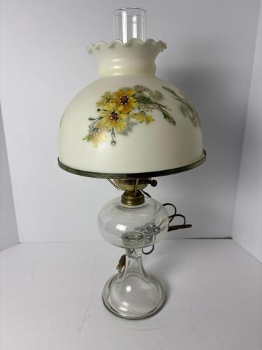 Glass Electric Hurricane Lamp With Floral Shade
