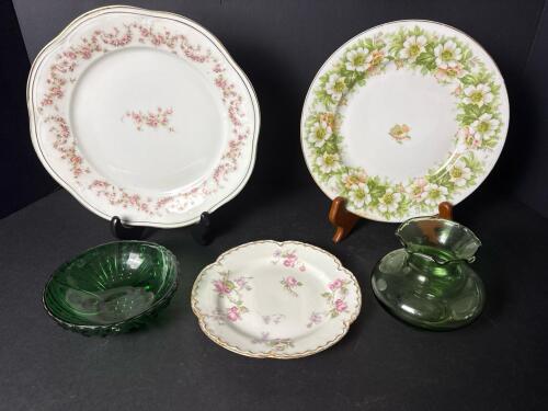 Assorted Porcelain Plates and Green Glassware
