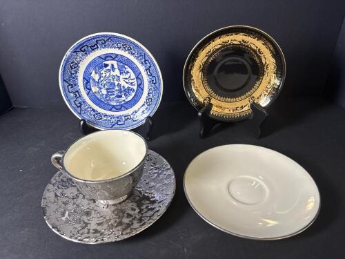 Assorted Saucers and Chrome-Overlay Teacup Set