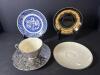 Assorted Saucers and Chrome-Overlay Teacup Set