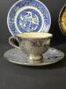 Assorted Saucers and Chrome-Overlay Teacup Set - 2