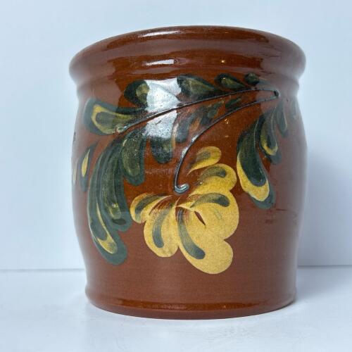 Handmade Redware Pottery Crock With Floral Motif from PA, Signed